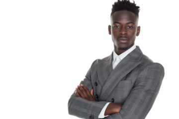 Reserved young Black male stock trader in double-breasted suit isolated on transparent white background