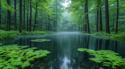 Obraz premium Misty Forest Pond, Lush Green Trees