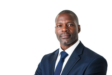 Serious middle-aged Black male CEO in tailored navy suit isolated on transparent white background