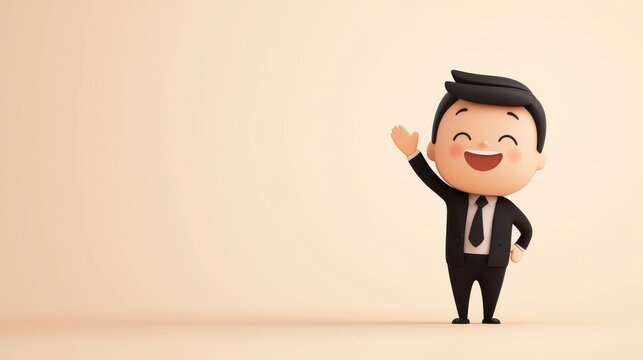 Cartoon businessman waving goodbye office animated character minimalist setting front view business concept