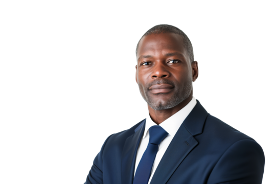 Serious middle-aged Black male CEO in tailored navy suit isolated on transparent white background