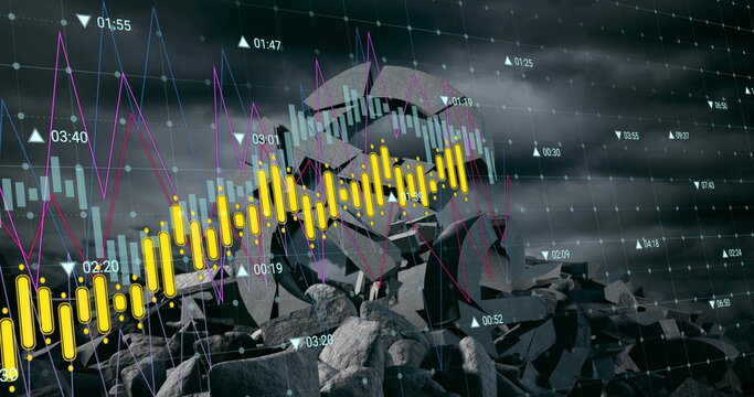 Image of financial data processing over dollar symbol and sky with clouds