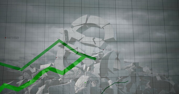 Image of financial data processing over broken euro symbol and sky with clouds - Powered by Adobe