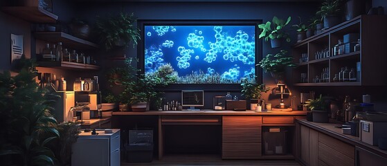 Serene Laboratory With Bioluminescent Aquatic Display
