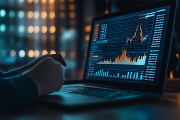 Businessman Analyzing Stock Market Data on Digital Touchscreen Display