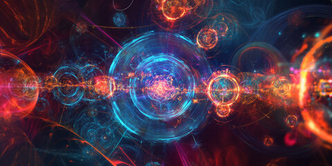 Obraz premium A hyper-futuristic abstract background with shifting holographic layers, floating energy symbols, and glowing digital glyphs. The composition features vibrant neon hues and soft depth-of-field effects