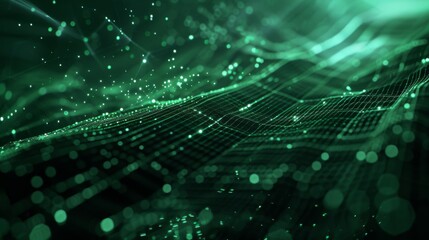 A dynamic digital wave of interconnected glowing green data points, representing artificial intelligence, deep learning, and futuristic virtual networks