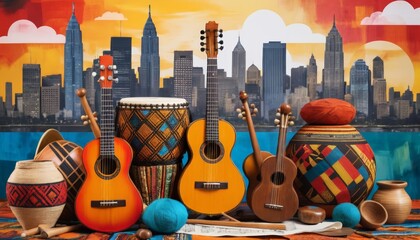 A vibrant musical display featuring traditional instruments against a lively city skyline backdrop, representing cultural diversity, perfect for music festivals or artistic promotions.
