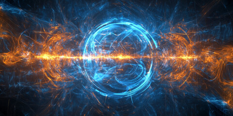 Obraz premium A futuristic abstract background featuring dynamic waves of luminous neon energy, seamlessly flowing in intricate, layered formations. The vibrant, high-tech cybernetic currents create a mesmerizing