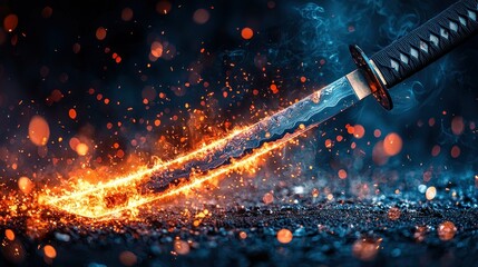 Fiery Samurai Sword on Burning Ground