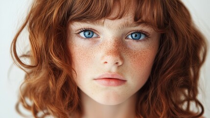 Naklejka premium Red haired girl with freckles and blue eyes