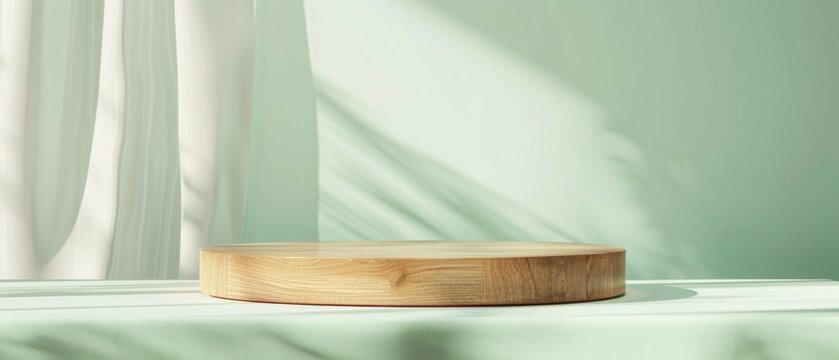 Round wooden pedestal with smooth grain texture, set on a soft green surface. Draped white curtains and natural light create a serene, minimalist product display