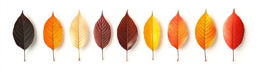Fototapeta premium Colorful Autumn Leaves in a Row on a White Background Displaying Variety