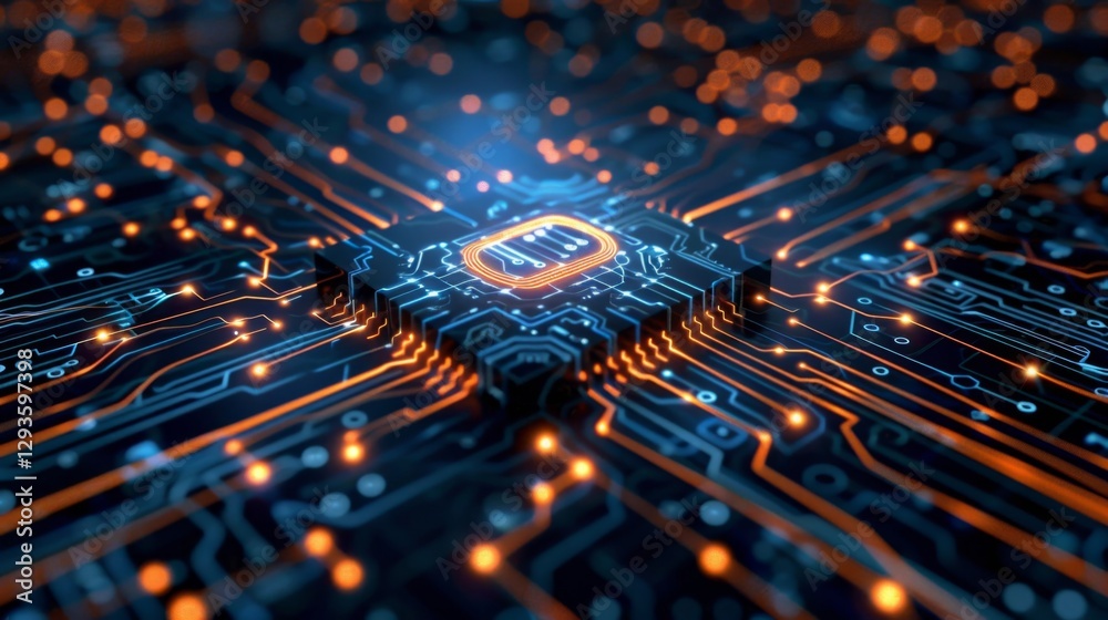 Poster exploring advanced ai technology with intricate circuits and lum