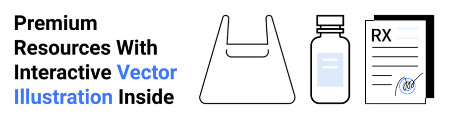 Prescription paper, medicine bottle, and shopping bag highlight pharmacy and healthcare services. Ideal for medical supplies, online pharmacies, retail shopping, healthcare technology, medication