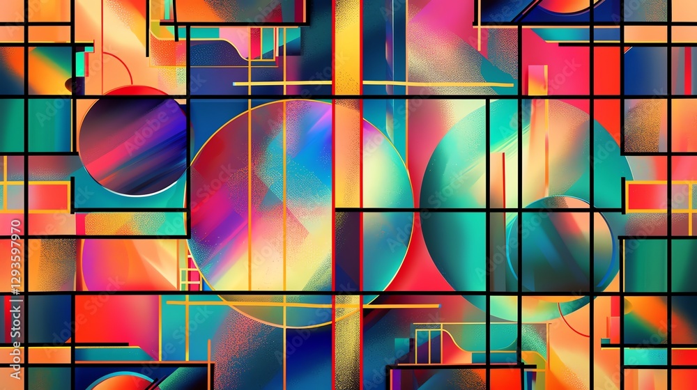Poster abstract colorful geometric background with overlapping circles and squares.