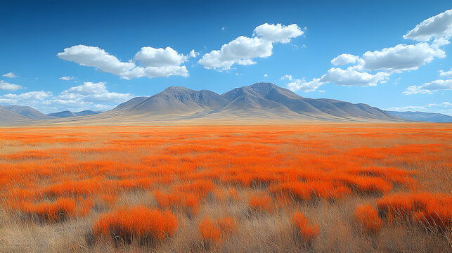 Vibrant Horizon: An eye-level perspective captures a striking panorama of a vast plain awash in fiery orange vegetation.