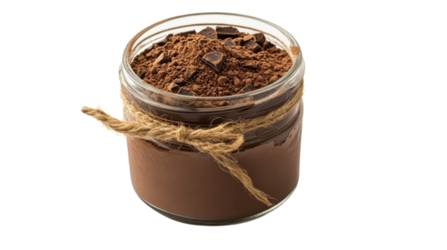 Chocolate dessert mix in glass jar with a rustic twine wrap, perfect for baking and indulging at any time