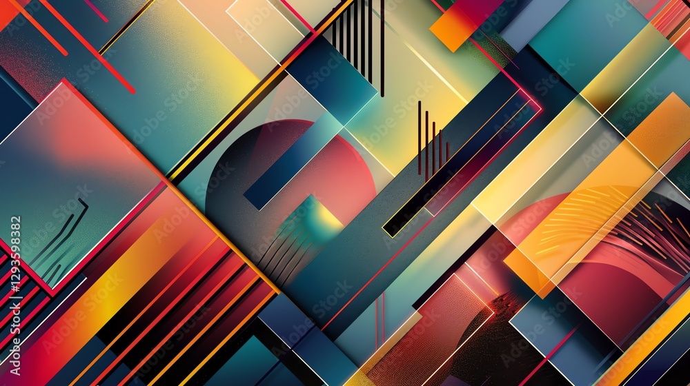 Poster a colorful, abstract geometric pattern with overlapping squares and lines.