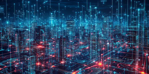 A futuristic smart city network, featuring interconnected glowing AI-powered skyscrapers, cybernetic energy highways, and pulsating holographic neural pathways. The high-tech abstract background