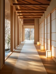 A long wooden hallway extending to a window of the outside