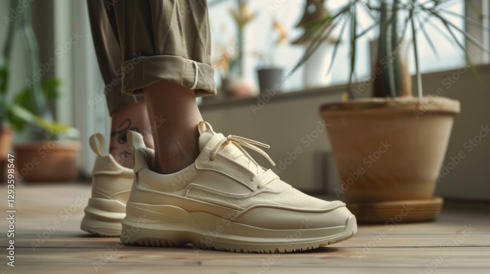 Aufkleber casual footwear in a light hue is worn by a person indoors. the setting features natural light filte