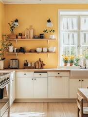 A bright yellow kitchen reveals its warm and inviting interior space