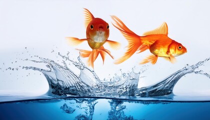 Vibrant Goldfish Leaping High Above a Tranquil Aquatic Scene, Showcasing Playful Energy and Bold Colors in a Serene Underwater World.