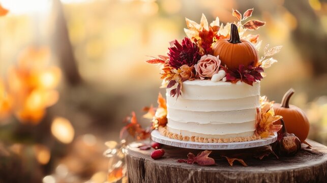 A beautifully decorated birthday cake with autumn-inspired elements of pumpkins and leaves