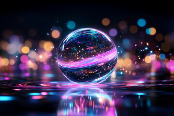 A photon beam focused on a reflective sphere, creating a soft halo effect with light bending around the surface in neon pink, purple, and blue shades
