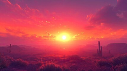 Desert Sunset with Vibrant Colors, Silhouetted Cacti, and a Fiery Sky  Ideal for Capturing the Beauty and Warmth of Desert Landscapes During the Golden Hour
