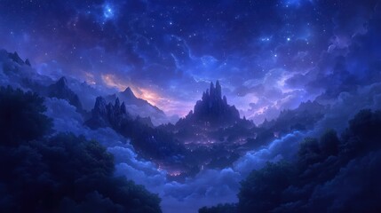 Naklejka premium Fantasy city on a starry mountain