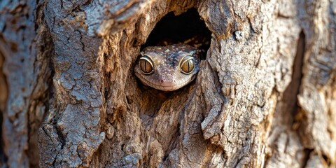 Lizard is peeking out of a hole in a tree trunk