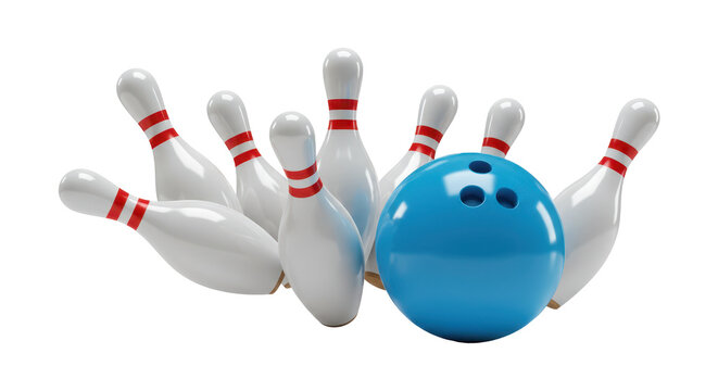 Bowling strike concept. Blue Bowling Ball hits bowling pins.