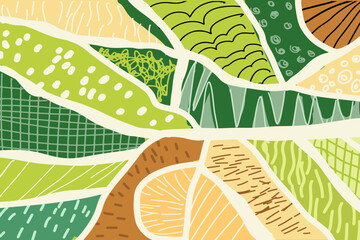 Agriculture field pattern, aerial view. Countryside grassland, farm land from top. Hand drawn farmland patches, padded mosaic country background, natural patchwork texture. Hand drawn vector art. © Natalia