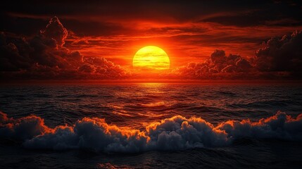 Fototapeta premium Fiery Sunset Over Turbulent Sea