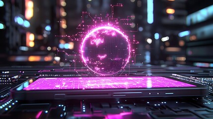 Global network data on phone screen, futuristic city background; tech concept