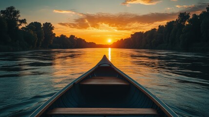 Fototapeta premium A Serene Canoe Journey at Sunset: A Tranquil Evening Paddle on the Calm River Reflecting Warm Hues of the Setting Sun Among Lush Trees