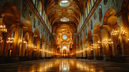 Obraz premium Grandeur of the Basilica Interior: A captivating wide shot reveals the majestic interior of a basilica, with ornate architecture, soaring arches, and soft light.