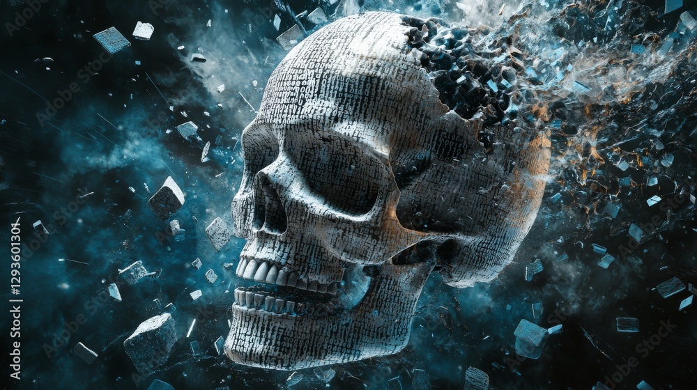 Aufkleber digital skull with fragmented binary code, surrounded by floating debris in dark ethereal space. abs