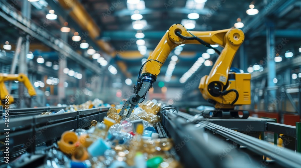 Aufkleber a robotic arm moves efficiently to sort plastic bottles and other recyclables on a conveyor belt ins