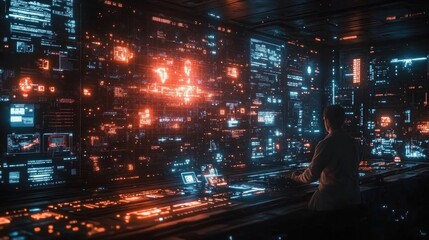 Futuristic control room, analyzing data