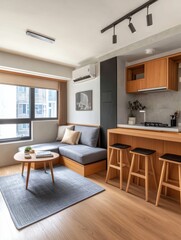 Fototapeta premium An interior photograph of an apartment living room and kitchen space