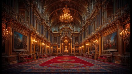Obraz premium Grand opulent palace hall with red carpet, gold accents, and artwork.