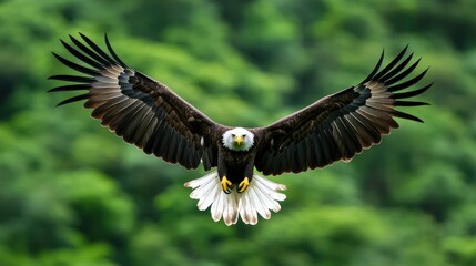 Majestic eagle soaring above lush greenery showcases strength an