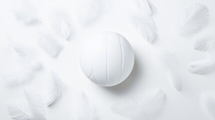 White Volleyball Surrounded by Soft White Feathers on White Background
