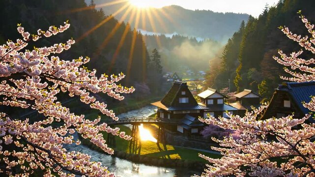 Aerial View of Shirakawa-go in Spring: A Traditional Japanese Village in Full Sakura Bloom