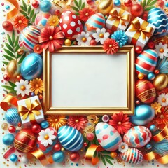 A colorful ester frame with decorative balls and a festive border