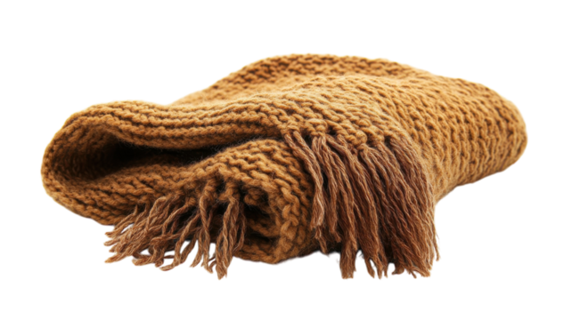 Soft knitted mustard blanket folded with fringe detail, perfect for cozy evenings at home