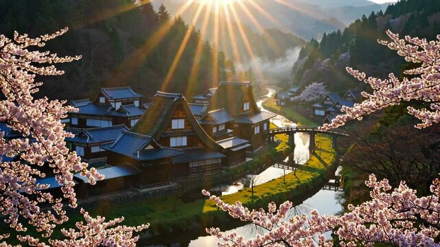 Aerial View of Shirakawa-go in Spring: A Traditional Japanese Village in Full Sakura Bloom